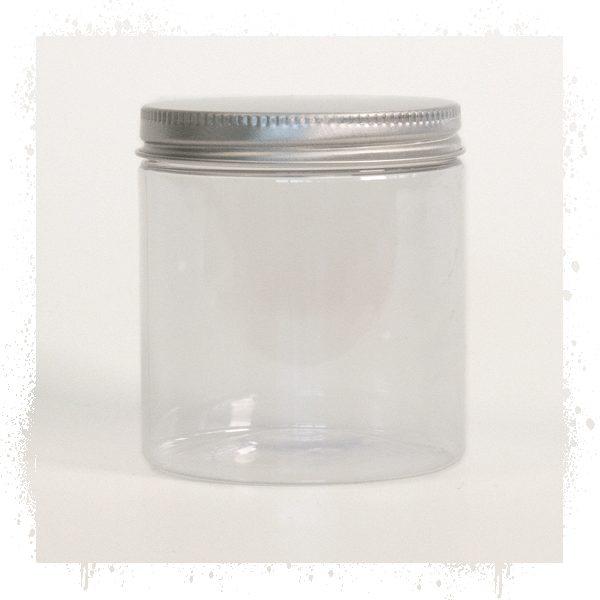 PET Tiegel Cylindrical klar 250 ml mit Alu Schraubdeckel silber mit EPE Einlage 70 mm